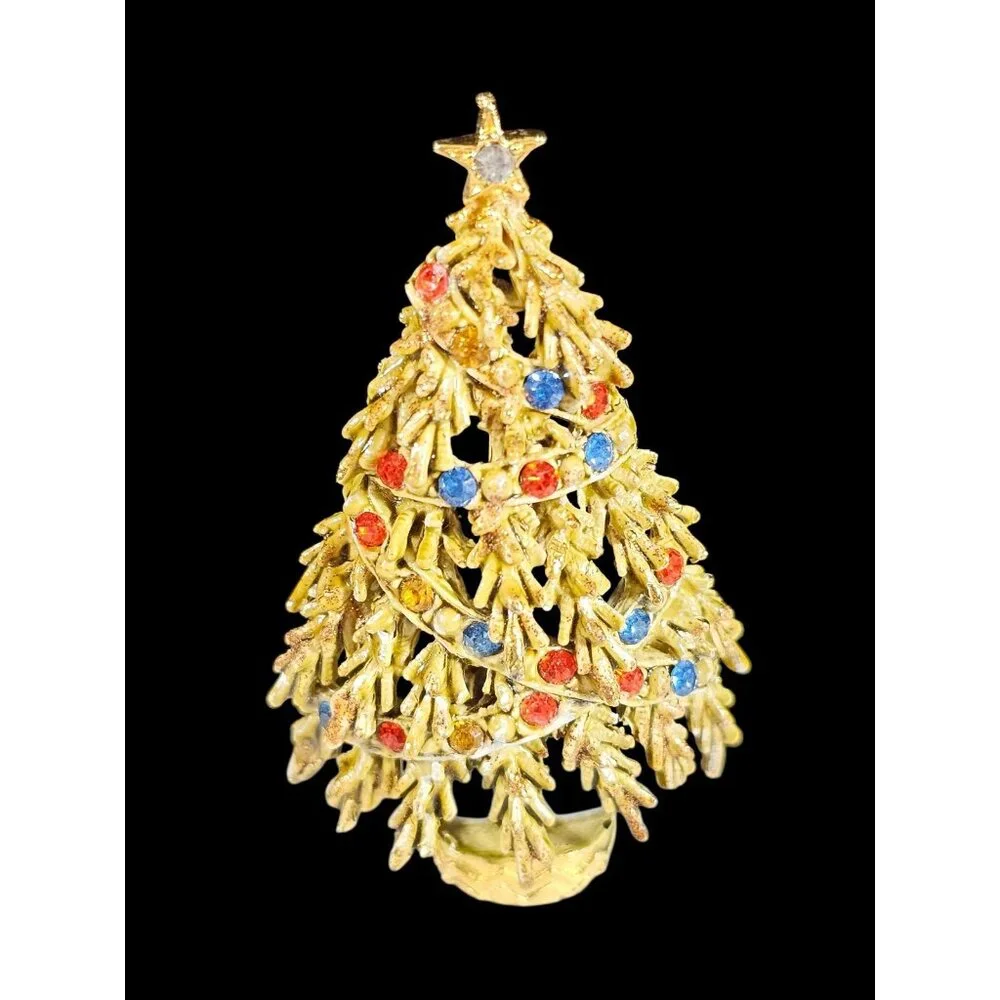 Vintage ART  2” Christmas Tree Brooch Gold Tone Multicolor Rhinestones  Holiday